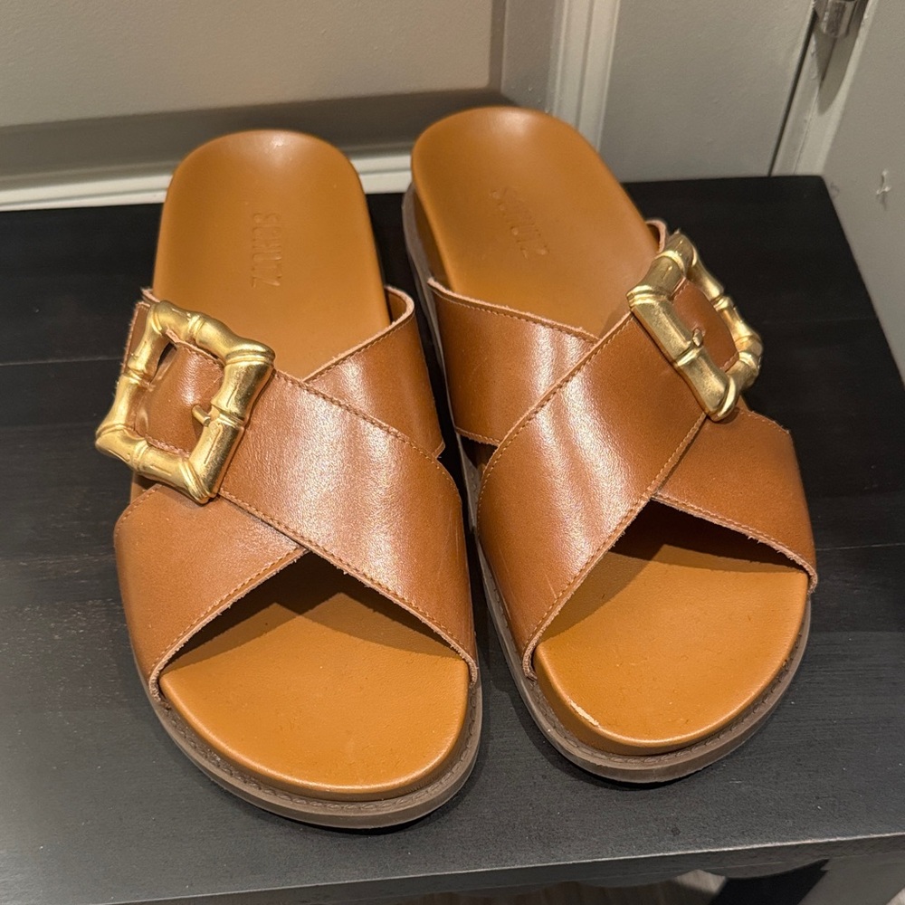 Schutz Brown Slide Sandals with Gold Buckle